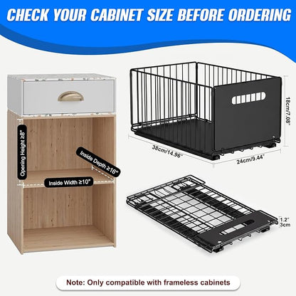 2 Pack Pull Out Cabinet Organizer, 15"" Depth Slide Out Drawer with Nano Adhesive (No Drilling), Heavy Duty Tall Wire Basket for Kitchen, Under Sink, Bathroom, 9.44"" W x 7.08"" H, Black