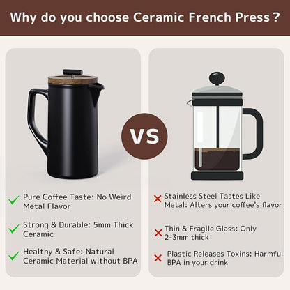 Ceramic French Press Coffee Maker, 22oz Single Serve Coffee Press with Walnut Wood Lid, Lead-Free, Food Grade Stainless Steel Filter with Dual Screen for Coffee and Loose Tea, Black