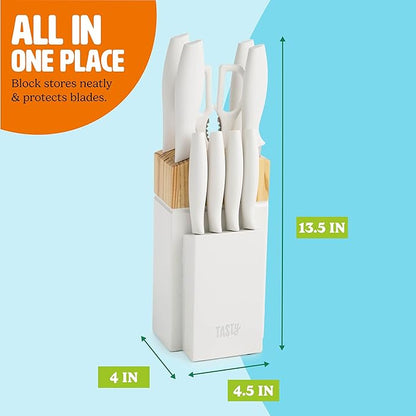 Tasty Kitchen Knife Set with Block, Cutlery Set includes Chef, Bread, Utility, Paring, Steak Knives & Shears, 10-Piece, White