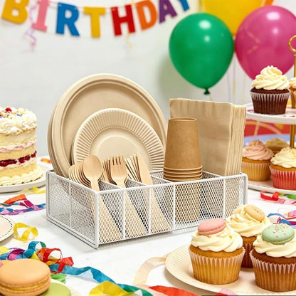 Paper Plate Organizer for Countertop - Metal Utensil Caddy Silverware Holder Cutlery Flatware Plastic Spoon Fork Plates Napkins Cup Storage Dispenser Party Picnic Essentials Camping White