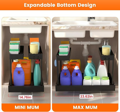 Expandable Under Sink Organizers and Storage,Width Adjustable (14.9-23.6IN),No Drill 2-Tier Pull Out Under Cabinet Organizer for Kitchen Bathroom Laundry (black)