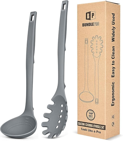 Silicone Pasta Fork and Soup Ladle Set, Heat Resistant Non Stick Kitchen Utensils with Back Hooks, Suitable for Cooking, Stirring, Serving Spaghetti, Soup, Sauce (GRAY)