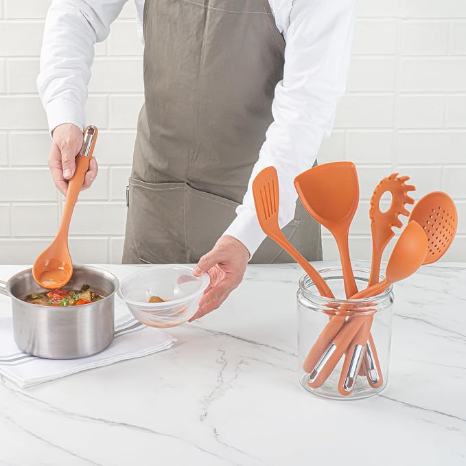 Restaurantware Silicone Utensil Set Pack of 10 Non-Slip Handle 6-Piece Kitchen Tool Set, Heat-Resistant Dishwasher-Friendly Cooking Accessories, Durable Orange Cooking Utensils