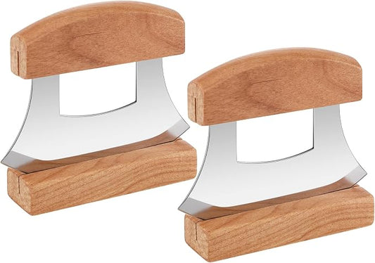 Hanaive 2 Pack 4 x 5 Inch Mezzaluna Ulu Knife Salad Veggies Rocker Chopper Slicer Cutter Mezzaluna Knife with Wooden Display Stand for Kitchen Cutting Chopping Knives Chef Cleaver Arthritic Tool