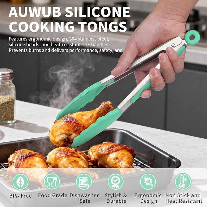 Silicone Salad Tongs - 12 Inch, 304 Stainless Steel Core & Non-Slip Grip, Pistachio Color, Kitchen Utensils for Grilling Salad