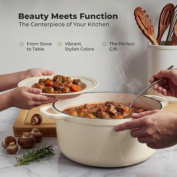 Zulay Kitchen 6.4QT Enameled Cast Iron Dutch Oven Pot with Lid, Heavy-Duty Soup Pot for Stews, Braising, Roasting & Sourdough Bread Baking, Oven Safe up to 500°F - Ivory