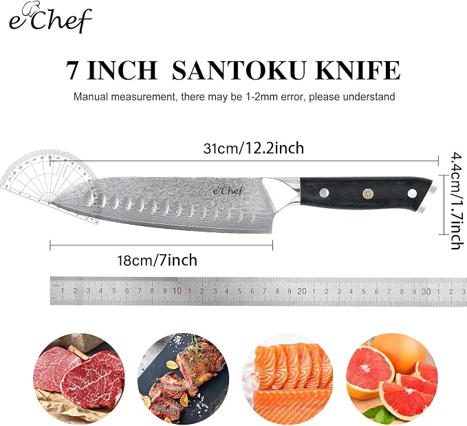 Damascus Santoku Knife 7-Inch, Professional Meat and Vegetable VG-10 Steel Kitchen Knife, G10 Bionic Wood Grain Handle Sharp Chef Knife, Comes with Gift Box (7-inch Santoku Knife)