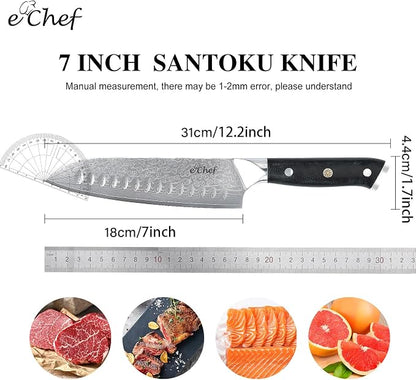 Damascus Santoku Knife 7-Inch, Professional Meat and Vegetable VG-10 Steel Kitchen Knife, G10 Bionic Wood Grain Handle Sharp Chef Knife, Comes with Gift Box (7-inch Santoku Knife)