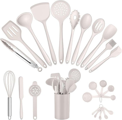 E-far Silicone Cooking Utensils Set, 25 Piece Kitchen Utensils with Holder, Non Toxic Kitchen Tools Spatula, Turner, Spoon, Ladle, Heat Resistant & Dishwasher Safe - Khaki