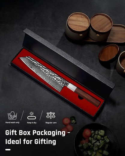 YOTSUBA 8 inch Japanese Kiritsuke Chef Knife, Hand Forged Damascus Kitchen Knife, 9Cr18MoV High Carbon Steel Knife, Professional Chefs Knife with Ergonomic Rosewood Handle