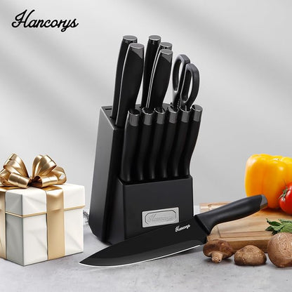 Knife Sets for Kitchen with Block, 15 Pieces Chef Knife Set with Self Sharpening, Stainless Steel Nonstick Ceramic Anti-Rust Coating Blades, Ergonomic Handle, Black Grey