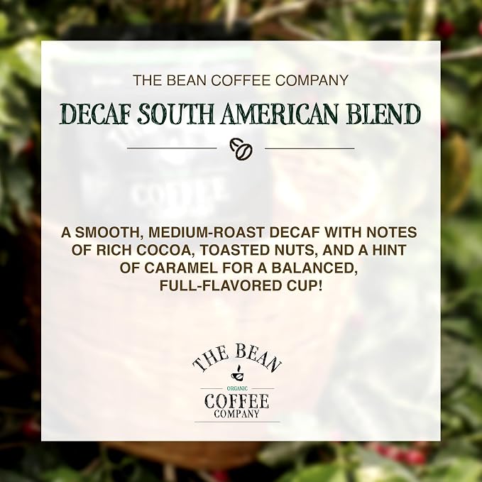 The Bean Organic Coffee Company Water Processed DECAF South America Blend, Medium Roast, Ground Coffee, 16-Ounce Bag, Café Molido Tostado Orgánico descafeinado
