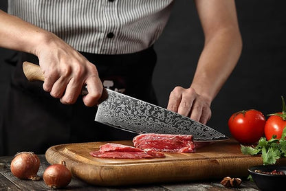 HEZHEN Damascus Chef Knife, 8.3 Inches | 67 Layers Damascus Steel, VG10 Gyuto Knife, Master Series, Figured Sycamore Wood Handle, Razor-Sharp Blade