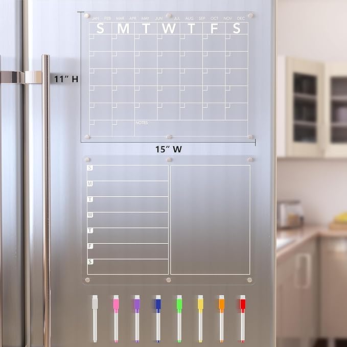 Neatsure Acrylic Magnetic Dry Erase Board Calendar for Fridge, Clear Monthly and Weekly Meal Planner Whiteboard Refrigerator, Menu Board for Kitchen, w/ 8 Colors Markers, 15"x11"