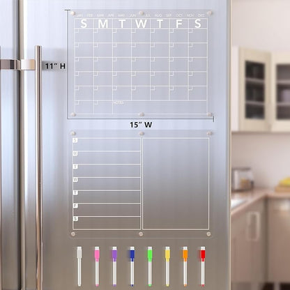 Neatsure Acrylic Magnetic Dry Erase Board Calendar for Fridge, Clear Monthly and Weekly Meal Planner Whiteboard Refrigerator, Menu Board for Kitchen, w/ 8 Colors Markers, 15"x11"