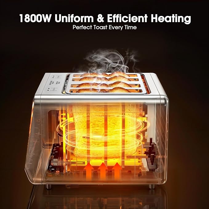 Smart Toaster 4 Slice with Dual Touchscreen, 1800W Stainless Steel Toasters Dual Zone Independent Control Extra Wide Slot 1.5 Inch, Single Slot Tech Timer for Bagel Waffle Bread