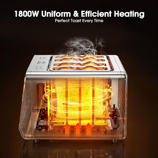 Smart Toaster 4 Slice with Dual Touchscreen, 1800W Stainless Steel Toasters Dual Zone Independent Control Extra Wide Slot 1.5 Inch, Single Slot Tech Timer for Bagel Waffle Bread