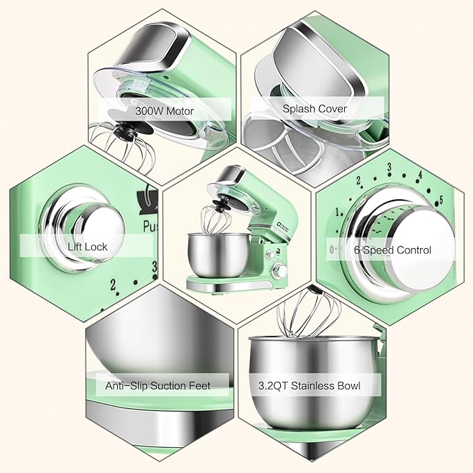 Kitchen in the box Stand Mixer,3.2Qt Small Electric Food Mixer,6 Speeds Portable Lightweight Kitchen Mixer for Daily Use with Egg Whisk,Dough Hook,Flat Beater