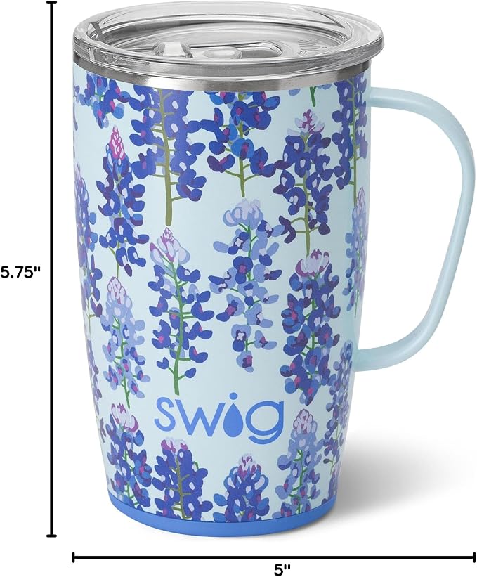 Swig Life 18oz Travel Mug, Insulated Tumbler with Handle and Lid, Cup Holder Friendly, Dishwasher Safe, Stainless Steel, Travel Coffee Cup (Bluebonnet)