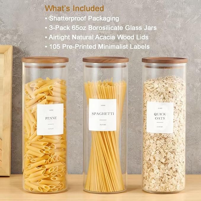 Set of 3 Glass Pantry Jars with Acacia Wood Lids, 65oz Airtight Pasta Organizers with 105 Labels, Tall Glass Pantry Storage Containers for Cereal, Spaghetti, Pasta Canisters