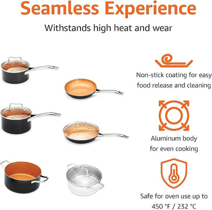 Amazon Basics Ceramic Nonstick Cookware Set, Induction Ready, Dishwasher & Oven Safe, Even Heating, 10-Piece Set with Frying Pans, Saucepans, Glass Lids, Copper Color