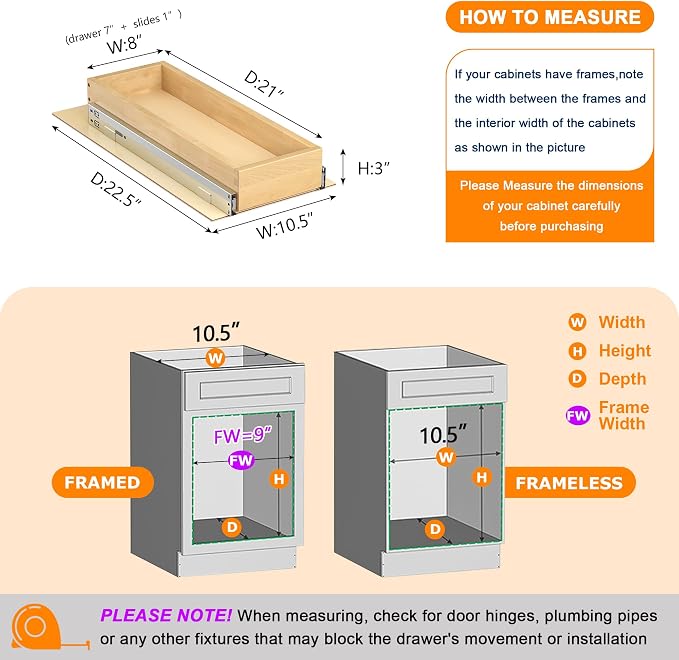 Pull Out Cabinet Organizer, 8" W x 21" D Soft Close Pull Out Drawers for Cabinets with Heavy Duty Slides, Wood Slide Out Drawers for Kitchen Cabinets