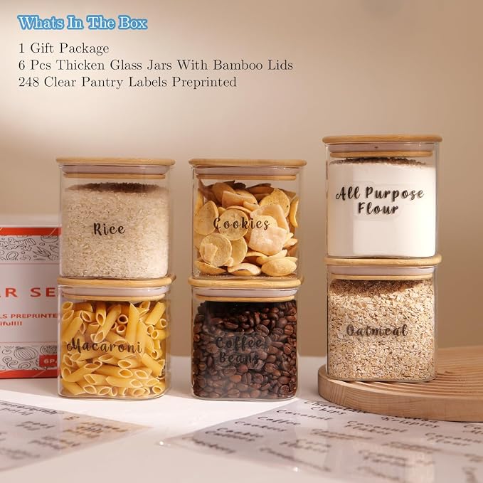 6 Pcs Square Glass Pantry Storage Containers with Bamboo Airtight Lid and 248 Clear Pantry Labels Preprinted - 24oz Thicken Glass Food Storage Jars for Coffee, Cookie, Tea, Sugar, Spice