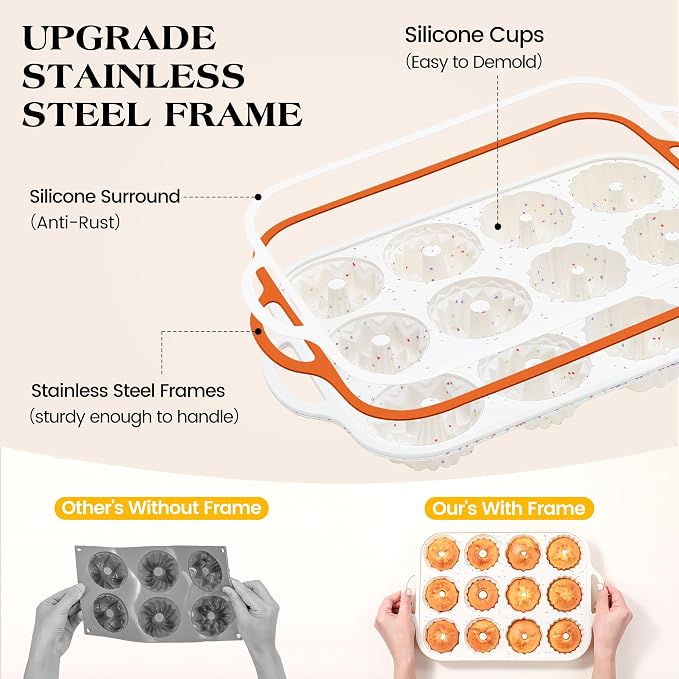 2 Pc Silicone Mini Fluted Tube Cake Pans with Metal Frame, 6-Cavity Non-Stick Moldes De Silicona Para Gelatina, Mini Flan Molds for Cupcake, Donuts, Muffin, Cornbread, Brownie, Jellies (Cream)