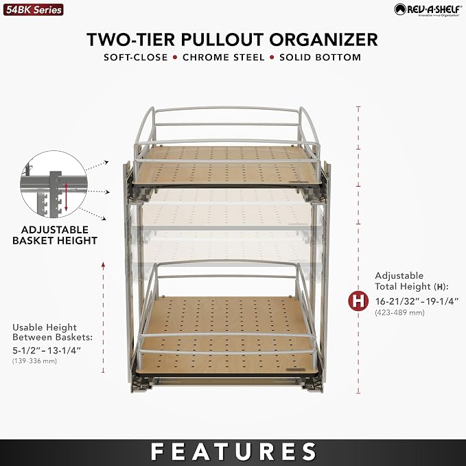 Rev-A-Shelf 2 Tier Pull Out Kitchen Cabinet Storage Organizer with Solid Bottom & Undermount Soft-Close Full Extension Slides, Min Opening Width of 14", 54BK-15SC-2-1
