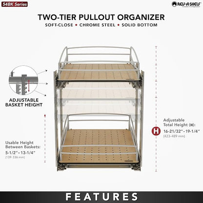 Rev-A-Shelf 2 Tier Pull Out Kitchen Cabinet Storage Organizer with Solid Bottom & Undermount Soft-Close Full Extension Slides, Min Opening Width of 14", 54BK-15SC-2-1