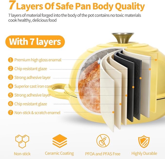 ONKO Dutch Oven For Sourdough Bread Baking, 6QT Enameled Cast Iron Dutch Oven Pot With Lid, Non-stick Sourdough Baking Pan with Bread Dome, Round Ceramic Dutch Ovens Pot with Cloche for Homemade