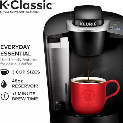 Keurig K-Classic Single Serve K-Cup Pod Coffee Maker, with 3 Brew Sizes, 48oz Removable Reservoir, Black (Renewed)