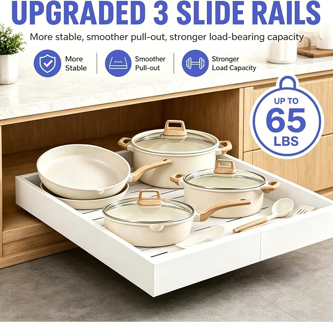 Expandable Pull Out Cabinet Organizer, No-Drill Pull Out Drawers, Roll-Out Shelf with Adhesive Pad & 3 Slide Rails for Framed Cabinets, Kitchen Pantry, 21" Deep, 12.2"-20.4", White, 1 Pack