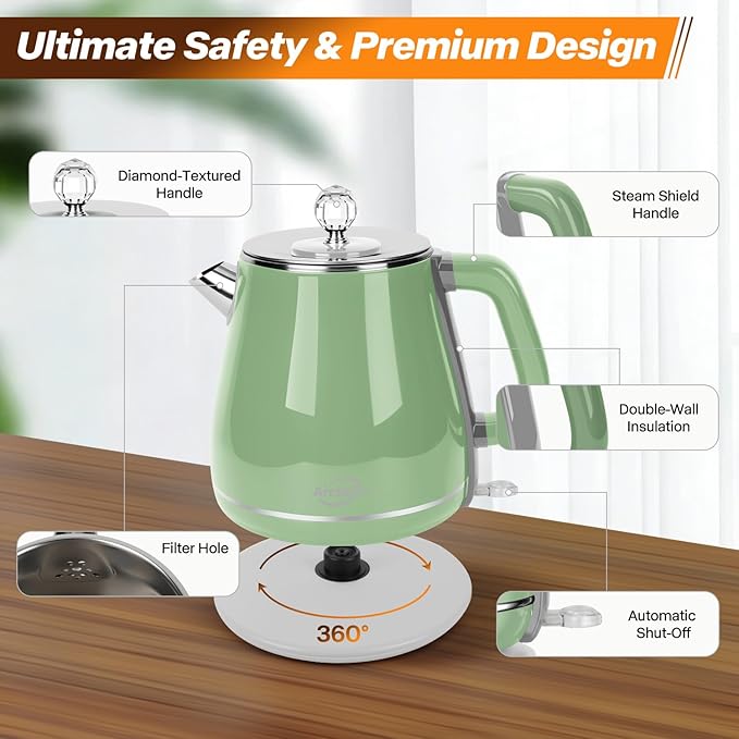 Retro Electric Kettle 1.8L, All Stainless Steel Hot Water Electric Kettle for Boiling Water, BPA Free Tea Kettle, 1350W Fast Boil, Auto Shut Off & Boil-Dry Protection
