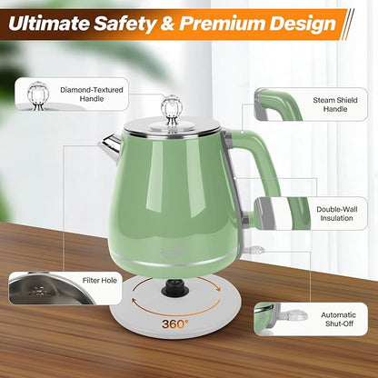 Retro Electric Kettle 1.8L, All Stainless Steel Hot Water Electric Kettle for Boiling Water, BPA Free Tea Kettle, 1350W Fast Boil, Auto Shut Off & Boil-Dry Protection