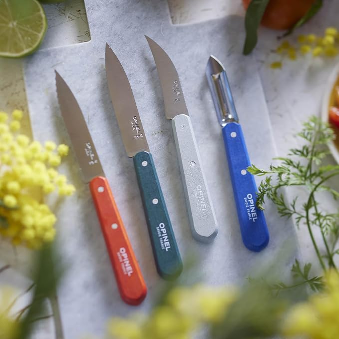 OPINEL Les Essentials - Small Kitchen 4 Piece Knife Set - Paring, Serrated, Peeler, Vegetable Knife, Corrosion Resistant High Carbon Steel, Made in France (Primo)
