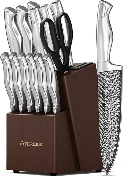 Knife Set, Astercook 15 Pieces Kitchen Knife Set with Built-in Sharpener, German Stainless Steel Knife Block Set, Razor-Sharp Knives with Full-tang Handle, Dishwasher Safe