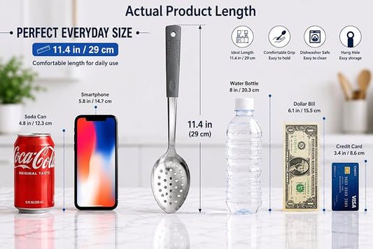 Metal Serving Spoons Set, Large Serving Spoons with Silicone Handles, Stainless Steel Serving Spoon, Slotted Spoon & Soup Ladle Set for Buffet and Home Kitchen (Dark gray)