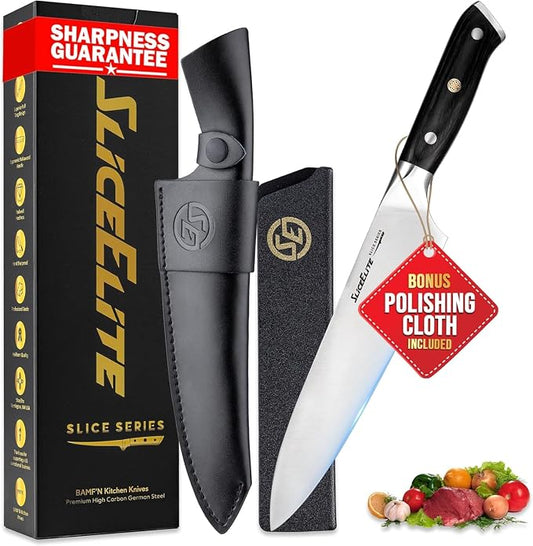 SliceElite Slice Series 8 Inch Chef Knife High Carbon German Steel Blade Pakkawood Handle Dual Sheath Sharp Cooking Knife for Meat Cleaver BBQ Kitchen Knife for Slicing Chopping Cutting Carving Tool