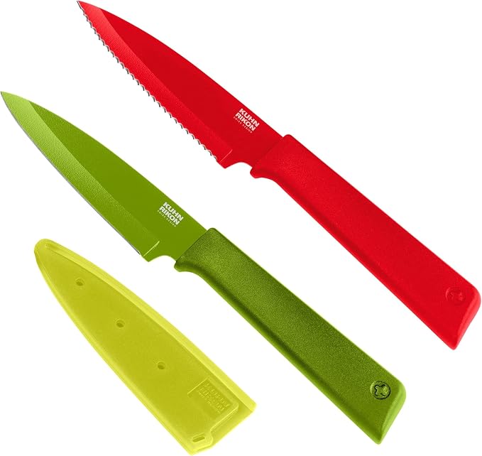 Kuhn Rikon COLORI+ Non-Stick Straight and Serrated Paring Knives with Safety Sheaths, Set of 2, Red and Green