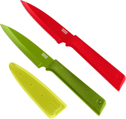 Kuhn Rikon COLORI+ Non-Stick Straight and Serrated Paring Knives with Safety Sheaths, Set of 2, Red and Green