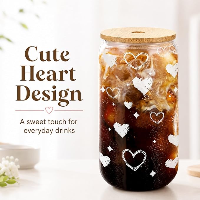 Glass Cup with Lid and Straw, 16 oz Cute Iced Coffee Cup with Heart Design, Bamboo Lid, Glass Straw and Brush for Desk, Dorm, Girlfriend or Best Friend