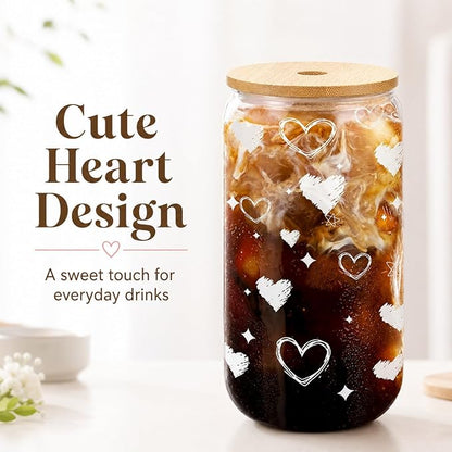 Glass Cup with Lid and Straw, 16 oz Cute Iced Coffee Cup with Heart Design, Bamboo Lid, Glass Straw and Brush for Desk, Dorm, Girlfriend or Best Friend