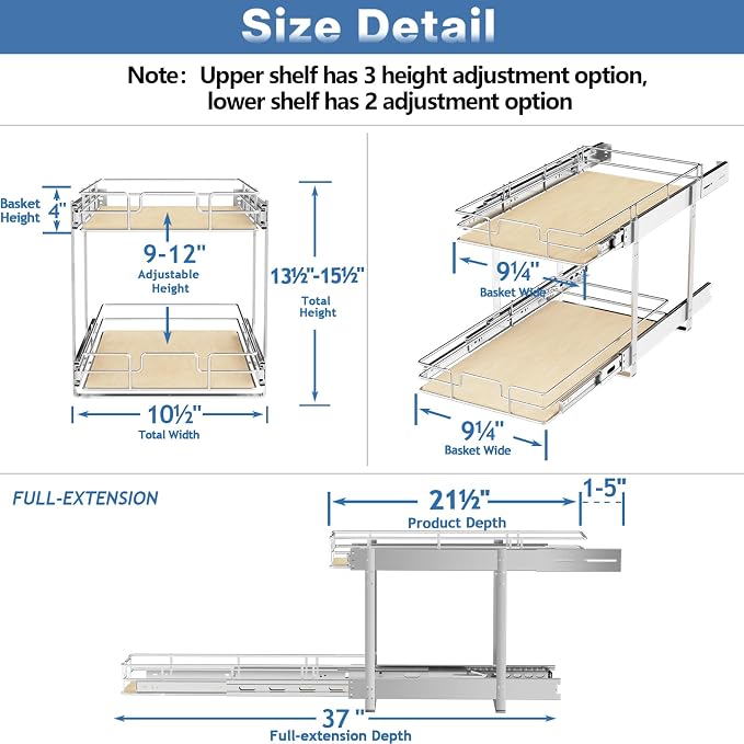ROOMTEC 2 Tier Individual Pull Out Cabinet Organizer 10½"W x 21½"D, Slide Out Wood Shelves Organizers, Pull Out Drawers Organization and Storage for Kitchen Cabinet