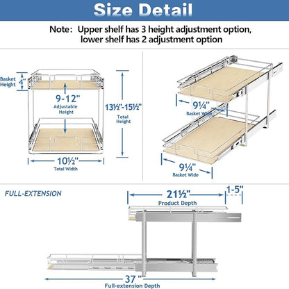 ROOMTEC 2 Tier Individual Pull Out Cabinet Organizer 10½"W x 21½"D, Slide Out Wood Shelves Organizers, Pull Out Drawers Organization and Storage for Kitchen Cabinet