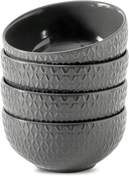 HASENSE Cereal Bowls Set of 4, 26 OZ Ceramic Soup Bowls,Stoneware Porcelain Cereal Bowls for Soup, Cereal, Oatmeal, Fruit, Salad, Embossed Pattern, Cereal Bowls for Kitchen & Home, Gray