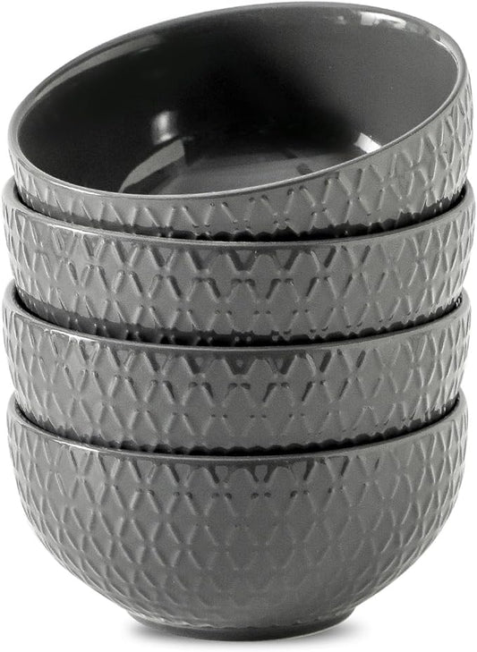 HASENSE Cereal Bowls Set of 4, 26 OZ Ceramic Soup Bowls,Stoneware Porcelain Cereal Bowls for Soup, Cereal, Oatmeal, Fruit, Salad, Embossed Pattern, Cereal Bowls for Kitchen & Home, Gray