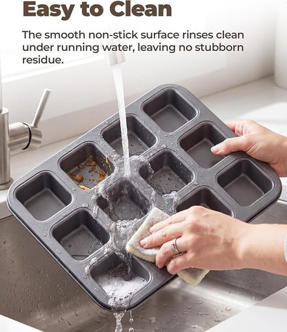 Bake Choice Square Brownie Pan with Dividers, Non Stick Carbon Steel Baking Tray, All Edges Brownie Bite Pan, 1 Pack 12 Cavity, for Individual Brownies, Cupcakes, Muffins, Cookies, Bread