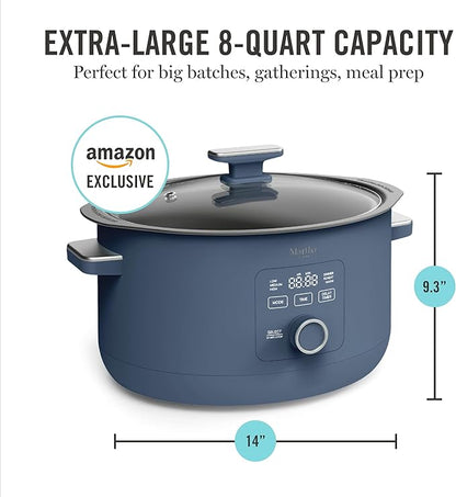 Martha Stewart 8 QT Slow Cooker, Programmable with Timer, 3 Heat Settings (Low, High, Warm), Nonstick Ceramic Removable Crock, Stovetop & Oven Safe, Glass Lid, Simmer, Reheat, Warm, Indigo