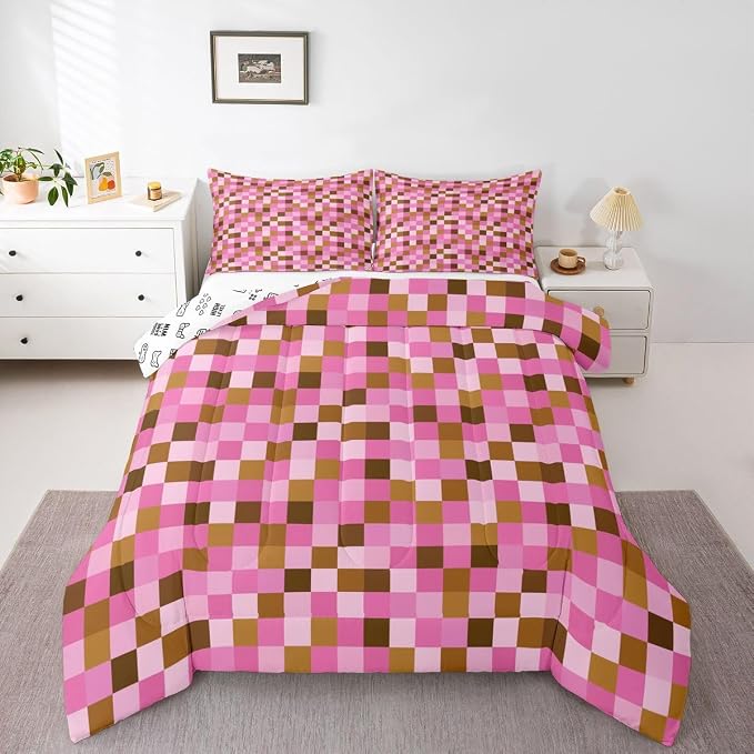 Manfei Pixel Grid Theme Bedding Set King Size,Cartoon Gamepad Comforter Set with 2 Pillowcases,Abstract Simple Bed Quilt,Brown Pink Quilt Sets Home Decor,Women Men Birthday Gift